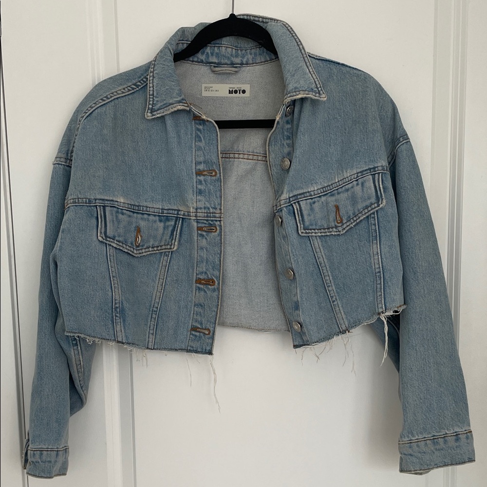 Topshop Distressed Moto Light Blue Cropped Denim Jacket (petite)